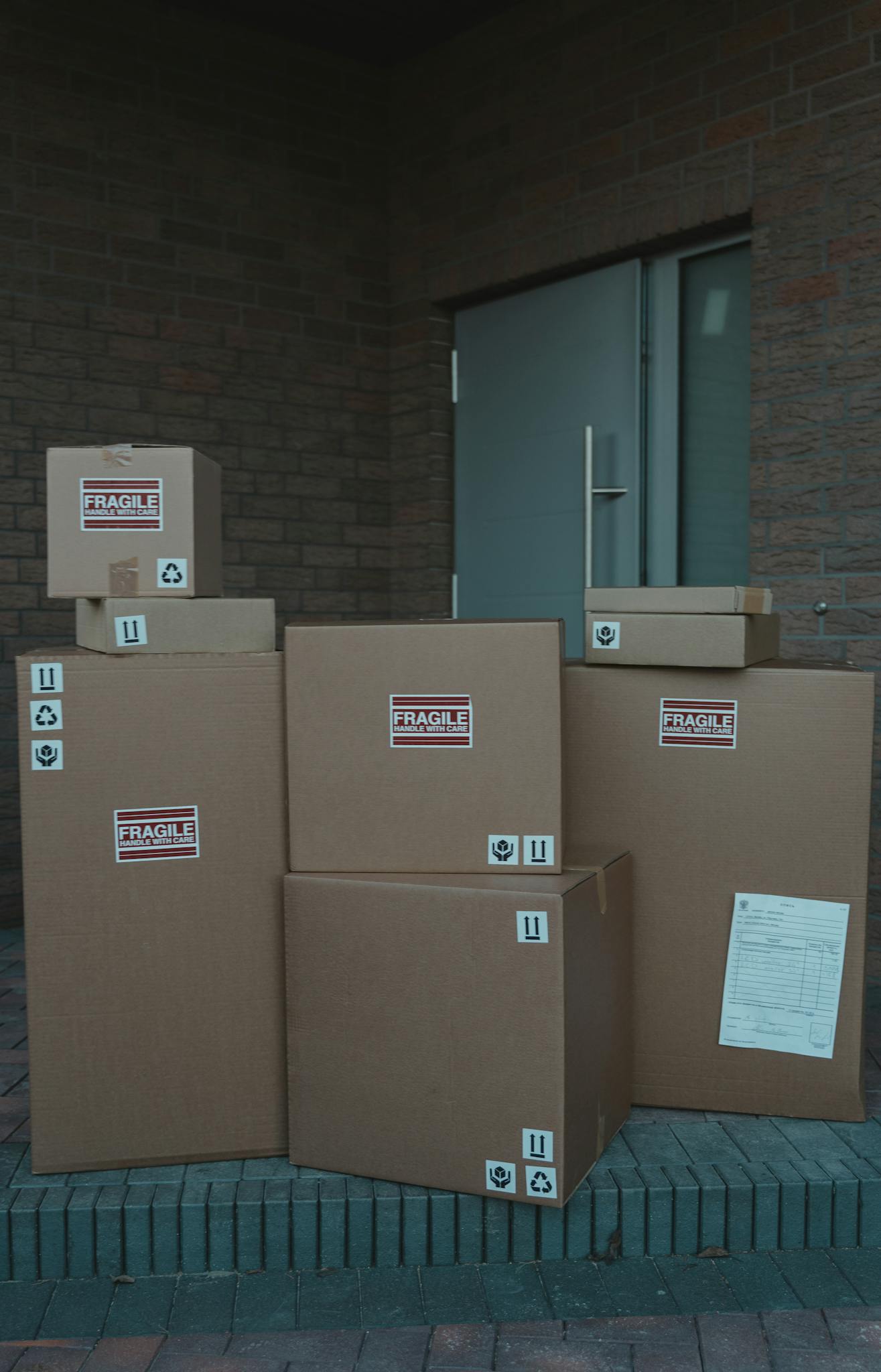 A stack of labeled cardboard boxes piled in front of a closed industrial door, symbolizing delivery service.